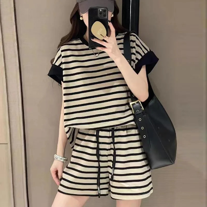 Women Striped Clothing Sets Short Sleeve TshirtDrawstring Shorts Two Pieces Suits Summer Loose Tracksuit Ladies Casual Outfits 250704