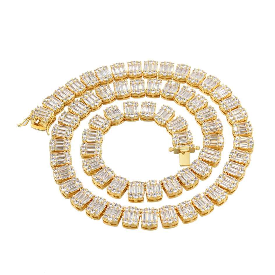 10MM New 14K Gold Plated Iced Out Cz Rectangle Moissanite Link Round Baguette Diamond Hip Hop Tennis Necklace