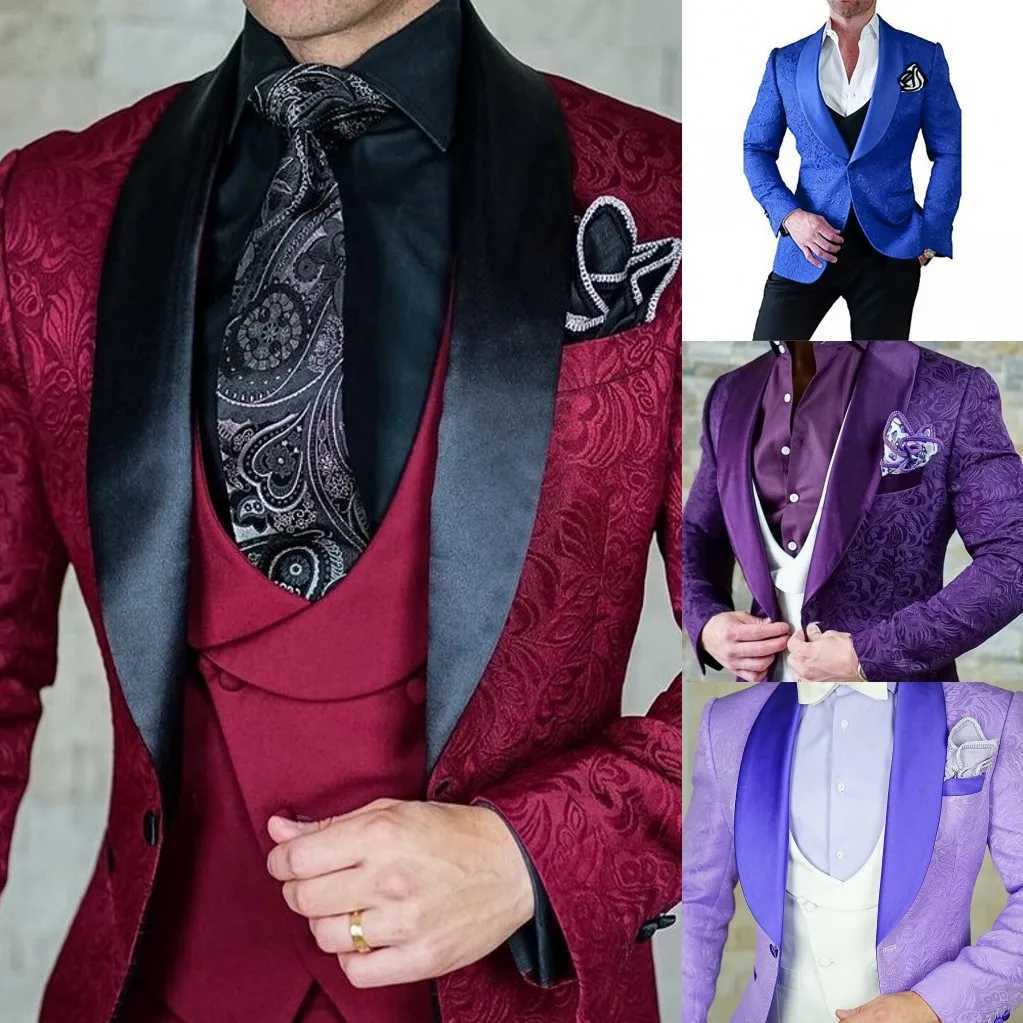 Hot Selling Men Suits Pattern and Black Groom Tuxedos Shawl Satin Lapel Groomsmen Wedding Best Man ( Jacket+Pants+Vest+Tie) C691 X250704