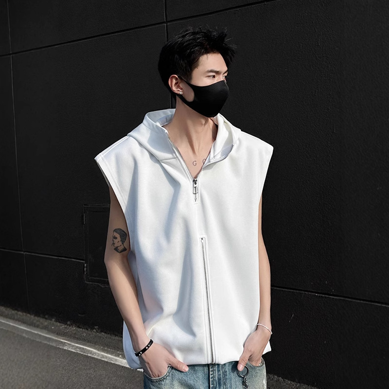 Double Zipper Designer Short Sleeves High-end Design V-neck Solid Color Hooded Men's Slogan Vest Summer Unisex Youthful Trendy Jacket