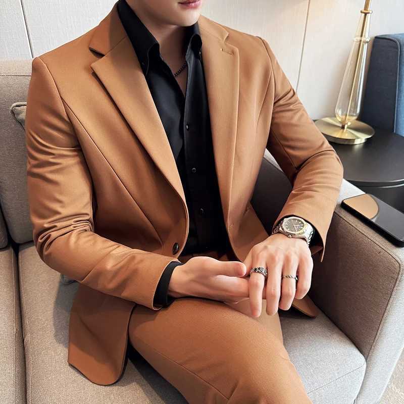 (Jacket+Pant) New Men Pure Color Business Social Wedding Party Suit Fashion Male Banquet Party Slim Fit Dress Blazer and Trouser X250704