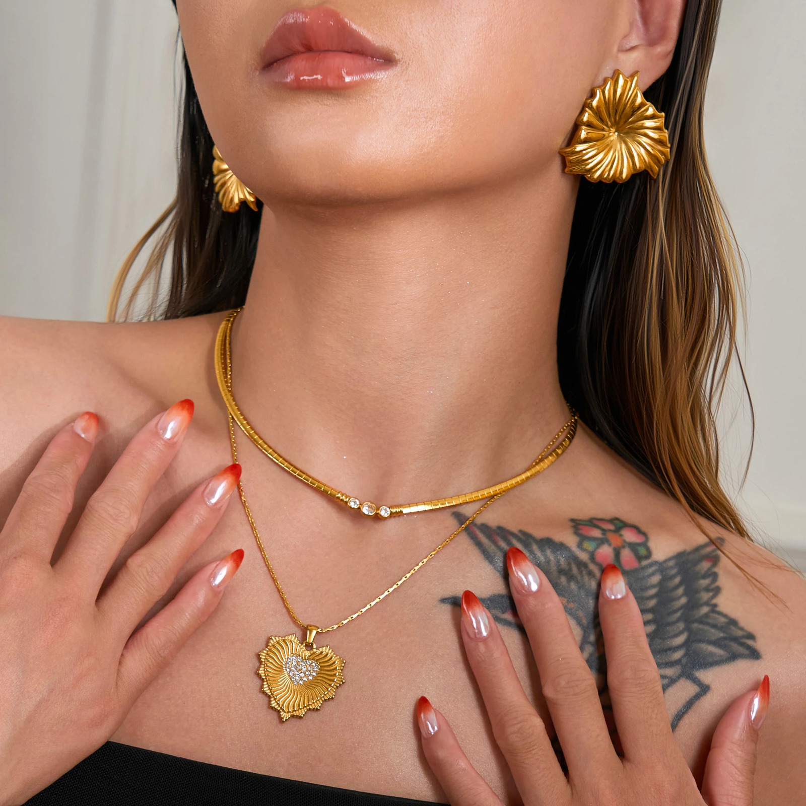 DASEIN Vintage Heart Shape Zircon Pendant Chunky Bamboo Necklace 18k Gold Plated Stainless Steel Lady Bikini Jewelry Gift 250701