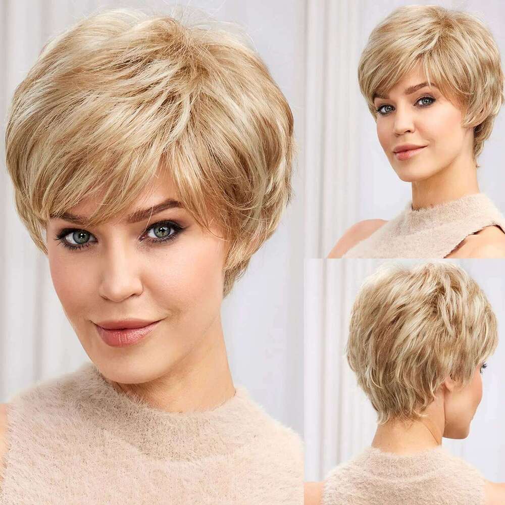 Golden Blonde Kanekalon Like Human Hairs Synthetic Wigs for Women Short Pixie Cut Natural Layered Blend Hair Wig Heat Resistant