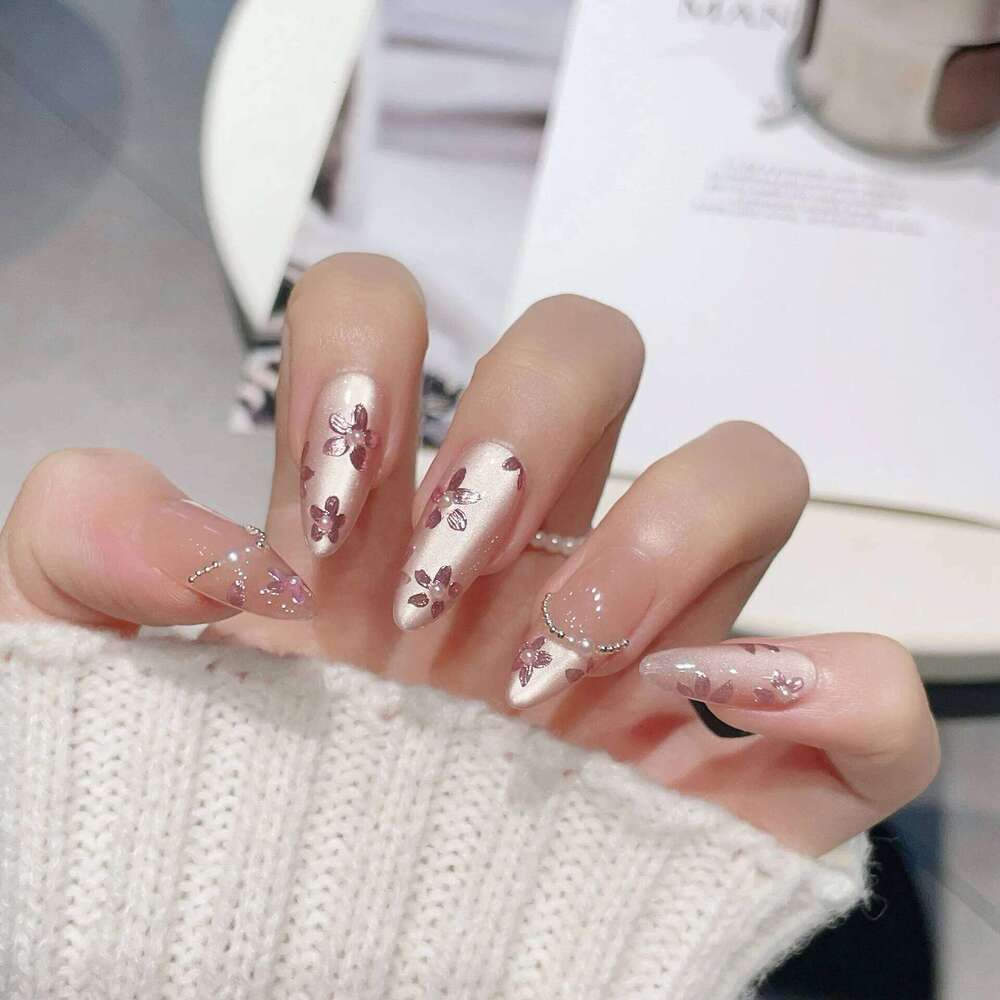 10Pcs Handmade Al Press On Flash Gradient Wear Pink Flower Design French False Nails Wearable Manicure Nail Tips X250704
