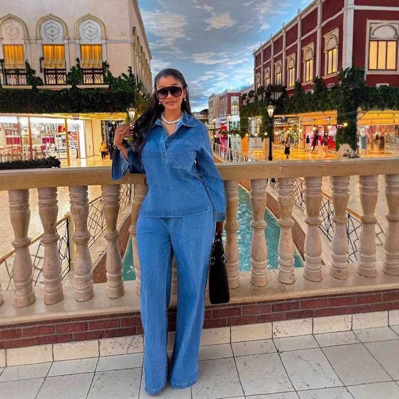 Denim Pant Set Women Two Piece Sets Turn Down Collar Mom Jeans Shirt Tops Wide Leg Long Pants Straight Trousers Y2k Strtwear X250704