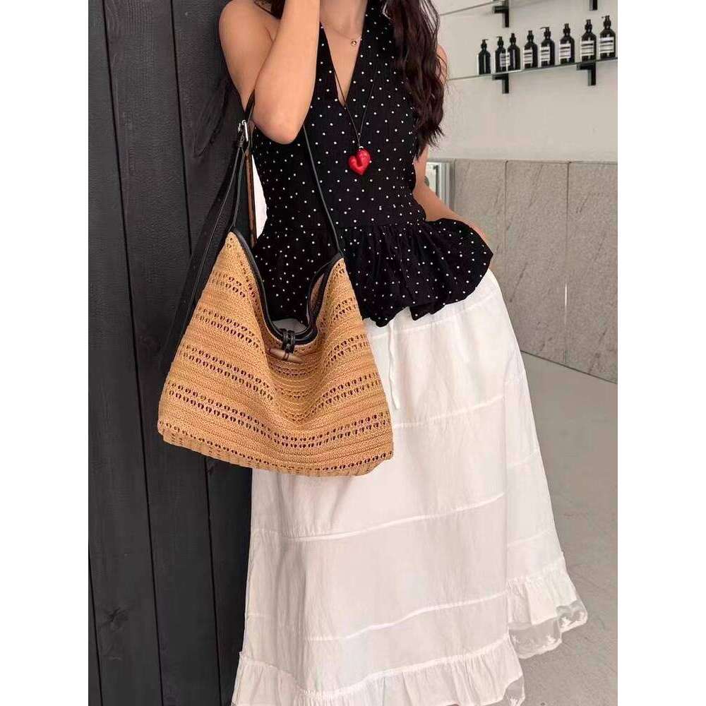 Straw Beach Bag Beach Bags Trendy Straw High End Hollow Woven Raffia Tote For Women Large Capacity Shoulder Crossbody Bag Beach Tote Bag