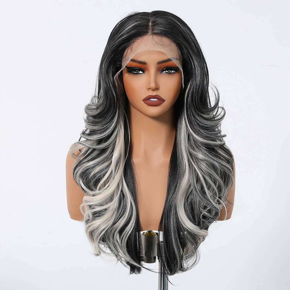HENRY MARGU Long Wavy Synthetic Front Black White Highlight Curly 13*4 Lace Frontal Natural Wig for Women Daily Use