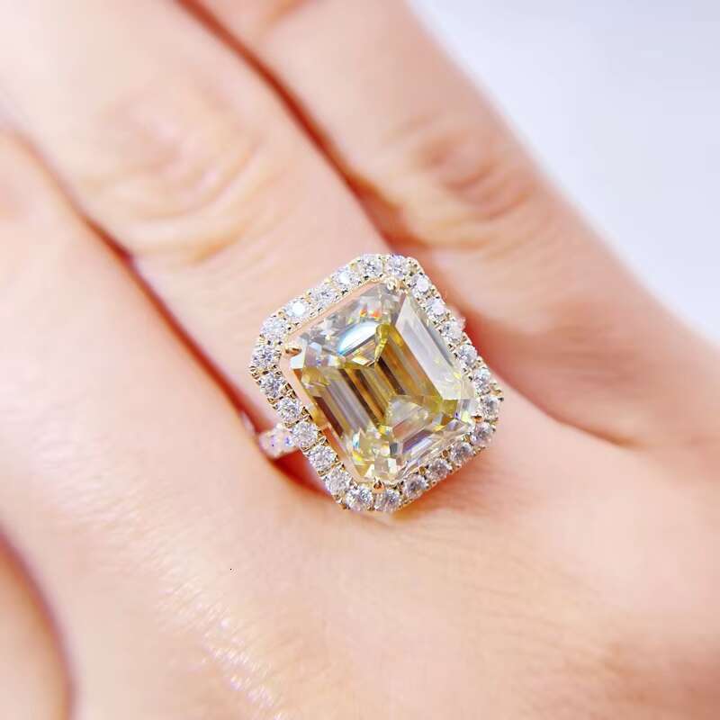 Classic Design Emerald Cut Yellow Canary Gold Moissanite Engagement Ring 10K Solid Gold