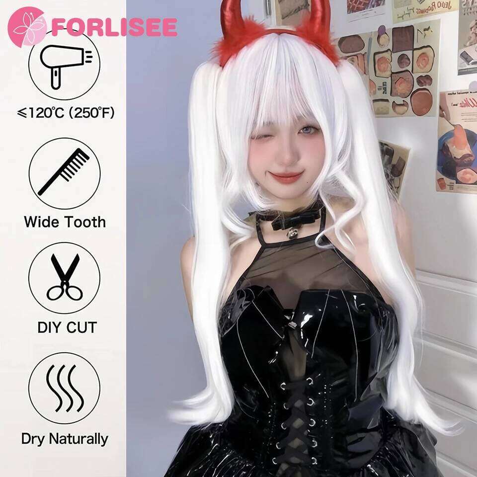 FORLI White Twin Ponytail Princess Cut Natural Short Synthetic Wigs With Bangs For Women Heat Resistant Cosplay Lolita Hair