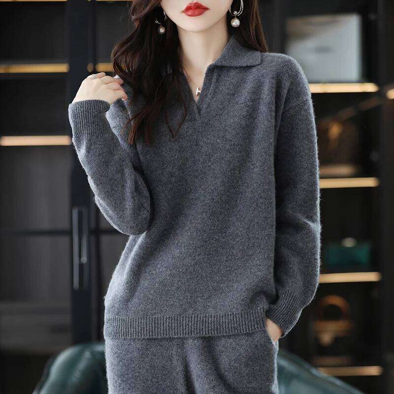 2024 High End Autumn/Winter 100% Pure Wool Knitted Women's Two Piece Set Sweater POLO Collar Cashmere Casual Wide Leg Pants 250704