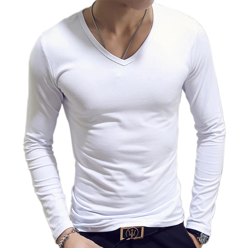 White Solid Color Basic Slim Men T-shirt Spring Autumn Bottoming Shirt Men Round Neck V-neck Casual Tops Long-sleeve Shirts 250704