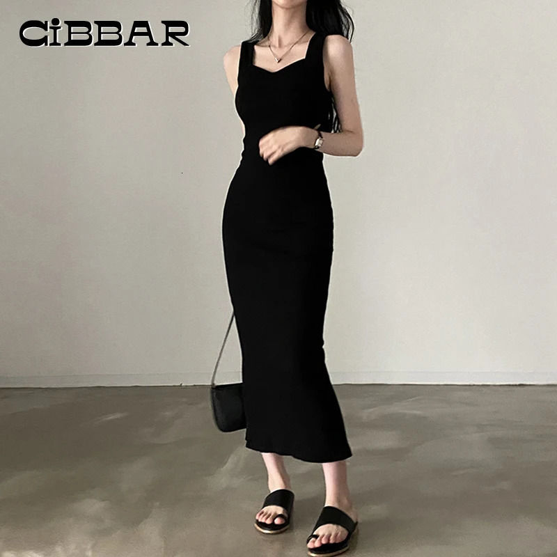 100% Cotton Basic Knit Long Dress Korean Fashion Square Collar Sleeveless Womens Dresses Summer Casual Y2k Vintage Allmatch Outfits 250704