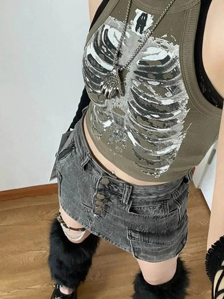 Punk Aesthetic Cyber Retro X-ray Skeleton Print Rib Sleeveless Vest ArmyGreen Crop Top Clothes Women Summer Emo 250704