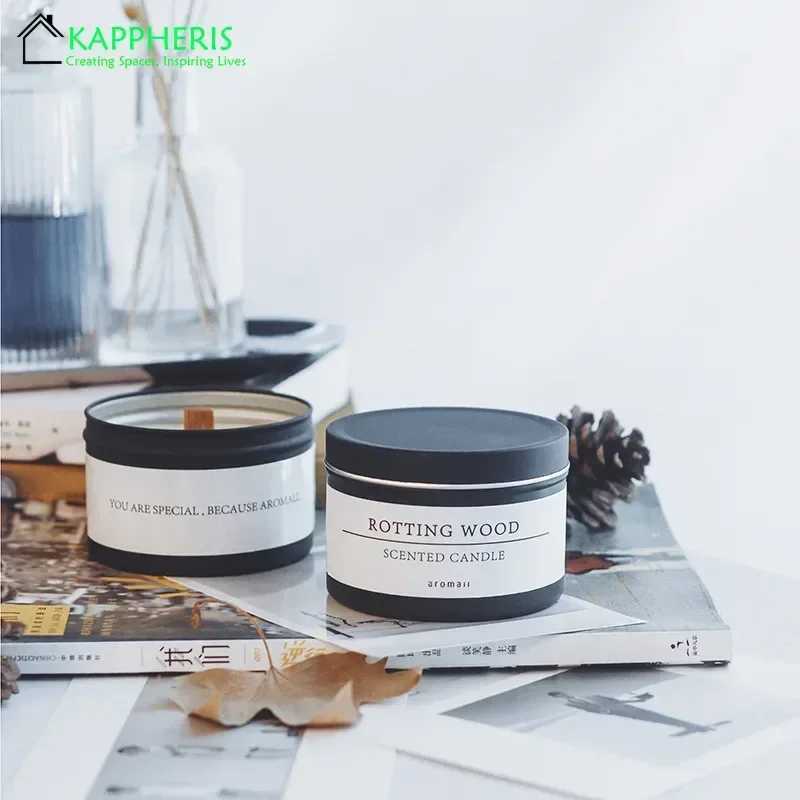 Black Tin Can Scented Aromatic Candles Wooden Wick Candle Jars With Lid Classic Home Decorative Candles Dried Flower W250704