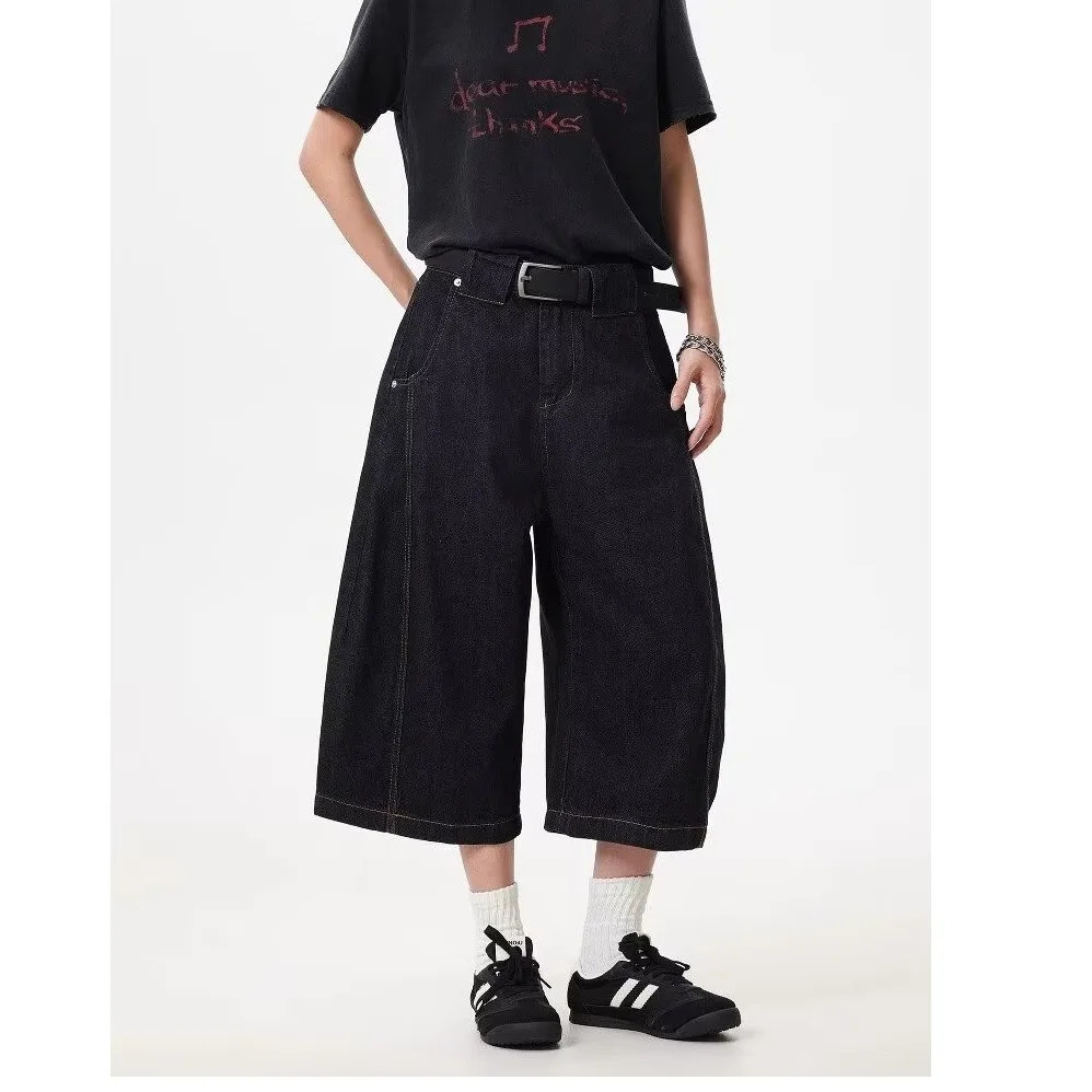 DM Mens Jeans Solid Color Line n American Style Straight Leg Cropped Trousers Summer Baggy Male Denim Shorts 250704