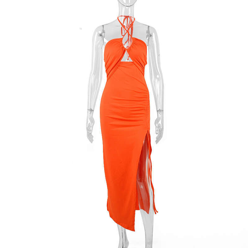 European and American INS Style Spring Sexy Hot Girl High Slit Halter Neck Elegant Chest-Enhancing Long Dress 2025 New Casual Versatile Fashion Clothi