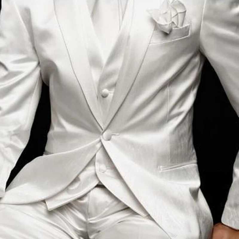 3 Piece White Satin Wedding Suits Groom Tuxedos Peaked Lapel Custom Made Handsome Business Party Male Suit ( Jacket+Pants+Vest) X250704
