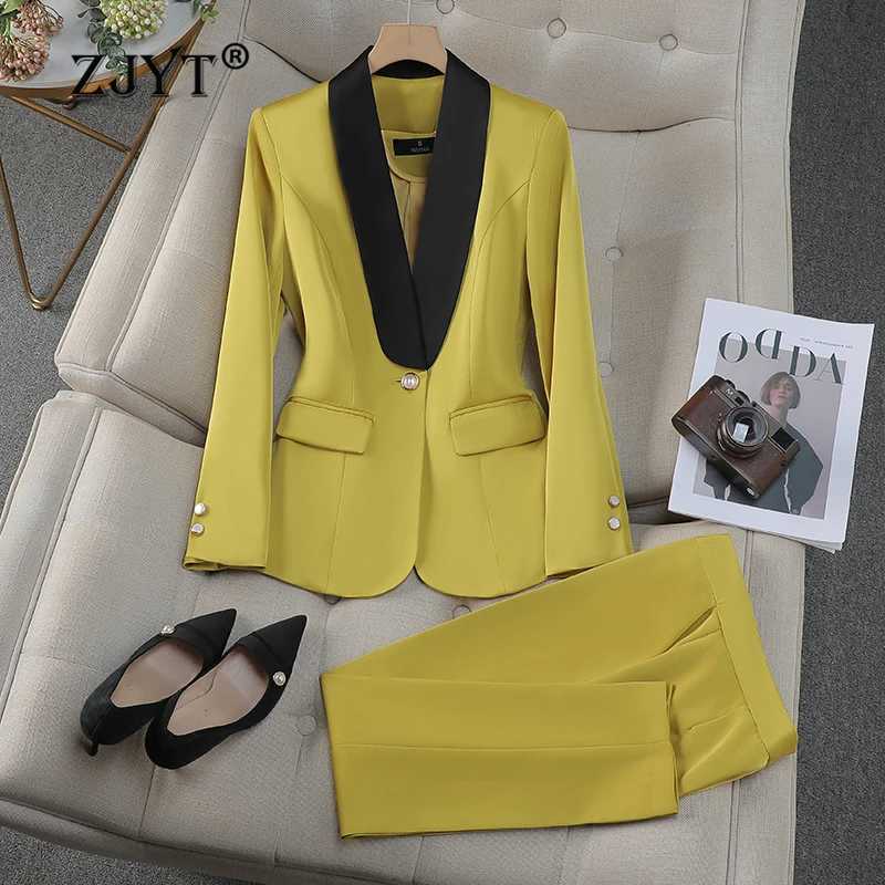 ZJYT Elegant Womens Blazer Pants Sets Autumn Fashion Shawl Collar Jacket Trousers Suit Office Lady Work Outfit Matching Set X250704