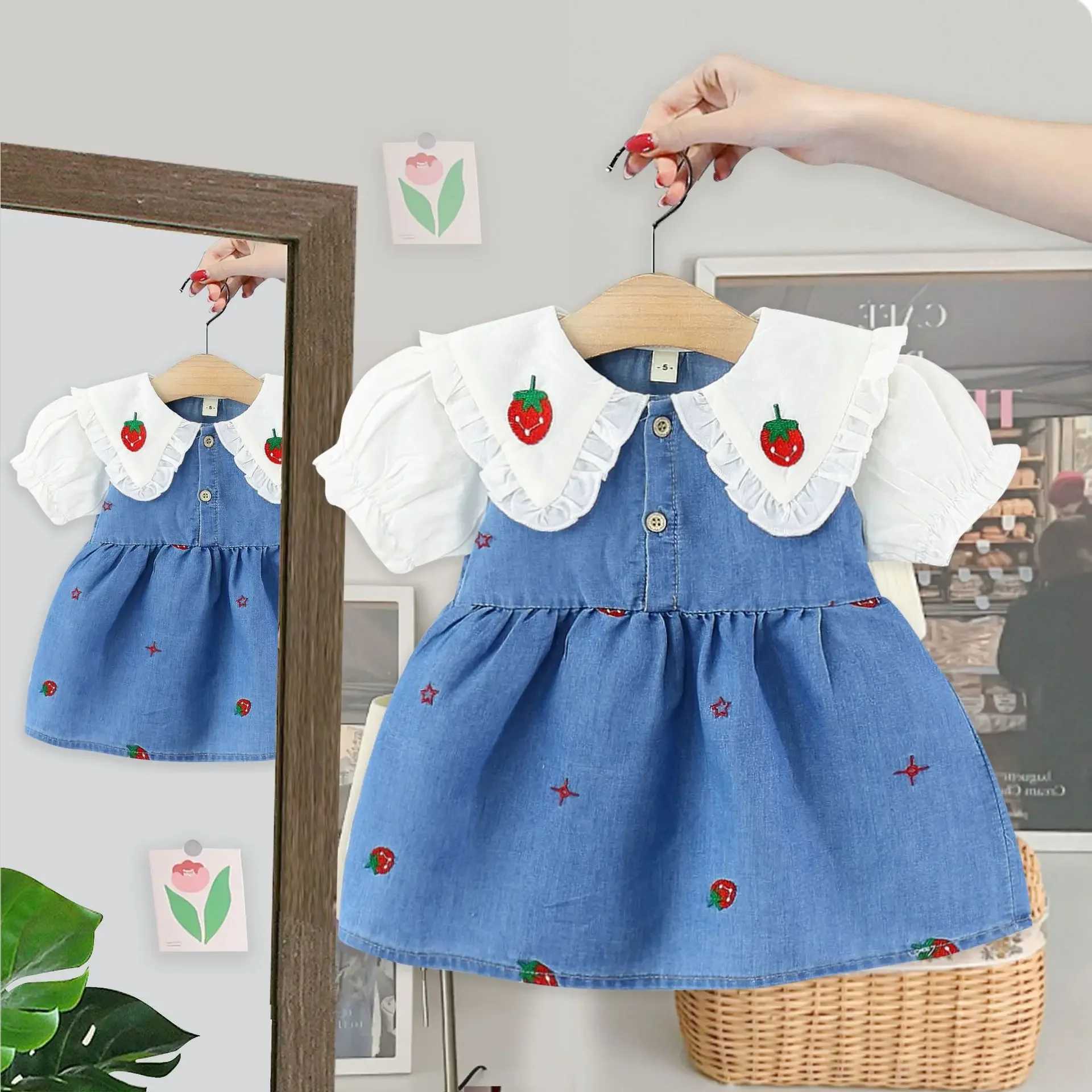 Childrens Summer Dress for Baby Girls New Korean Version Strawberry Collar Short Sleeve Denim Skirt Girls Casual Skirt R250704
