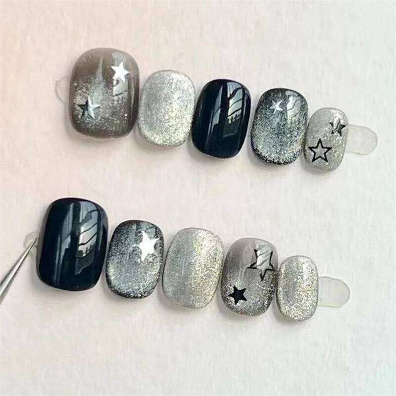 10Pcs Handmade Press on Nails Black Sweet Cool Cat Eye Stars False for Women&Girl Short Square&Round Wearable Nail Art X250704