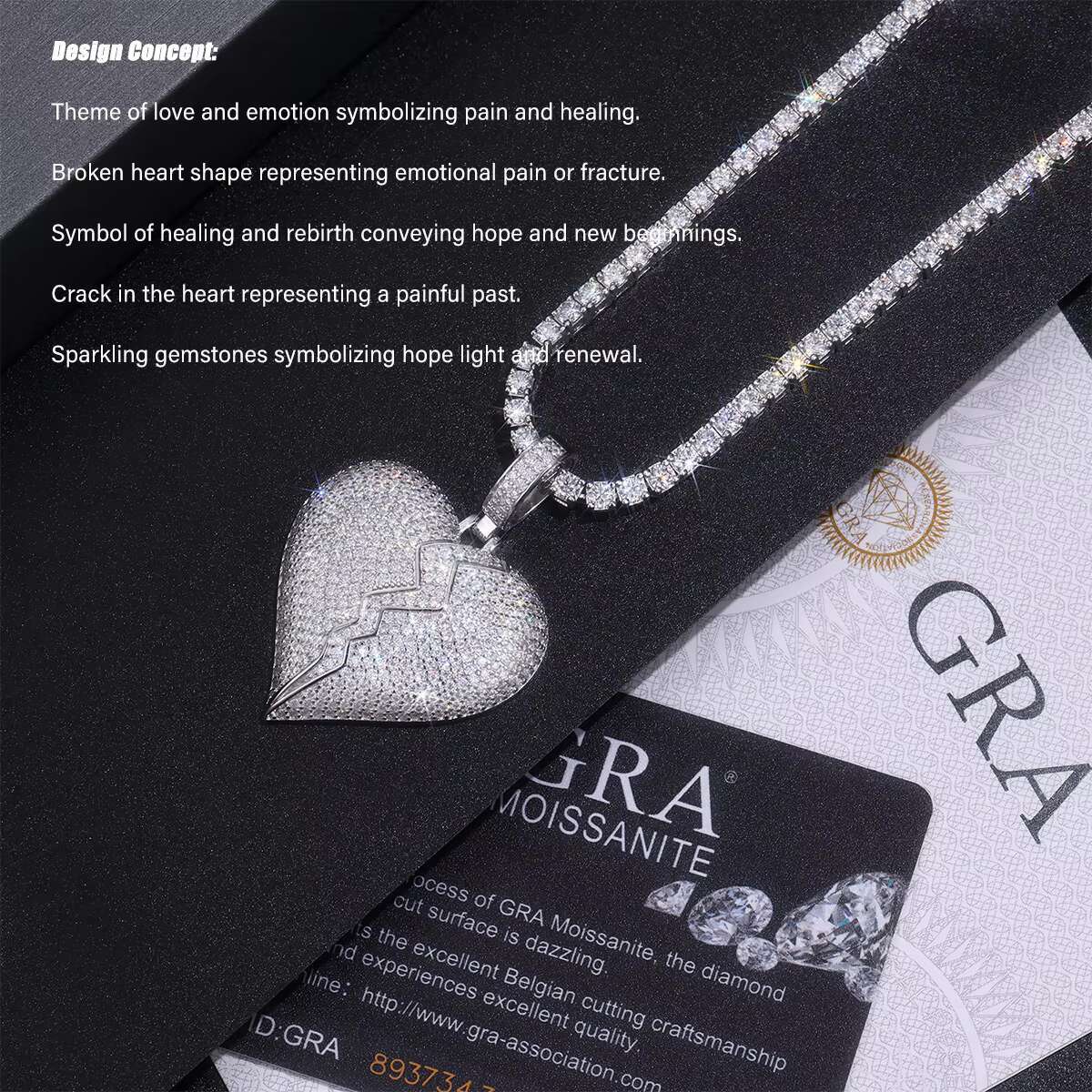 Heart Shaped Moissanite Pendant Necklace 925 Sterling Silver Full Moissanite Pave Design Broken Heart Style 18K Gold Plated