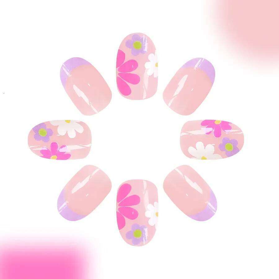 24Pcs Short Al Press-On Pink Floral French Tip Glossy&Elegant Full Cover Fake Nails for Women&Girls Spring,Daily Wear X250704