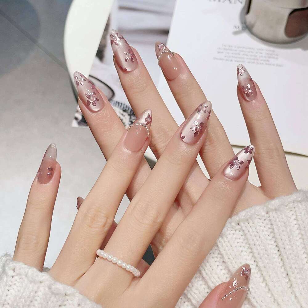 10Pcs Handmade Al Press On Flash Gradient Wear Pink Flower Design French False Nails Wearable Manicure Nail Tips X250704