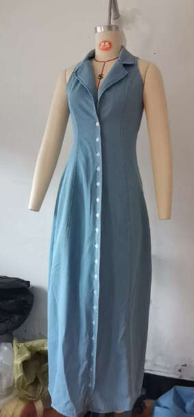 Hot-Selling Women's French Tea Break Button Denim Long Dress with Halter Neck and Waist-Cinching Design, 2025 New Casual Versatile Fashion Appare