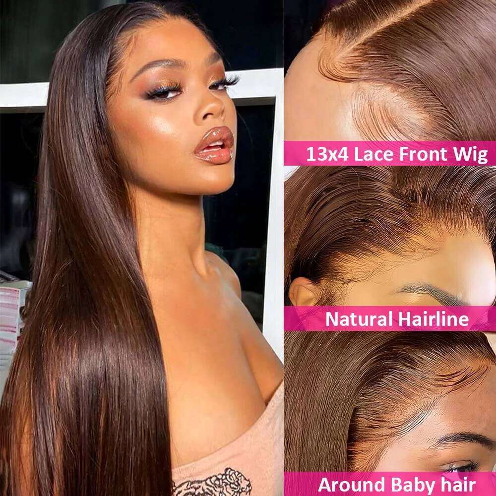 13x4 Chocolate Brown Long Straight Front Wigs For Black Women Colored Transparent HD Synthetic Lace Frontal Wig Pre Plucked