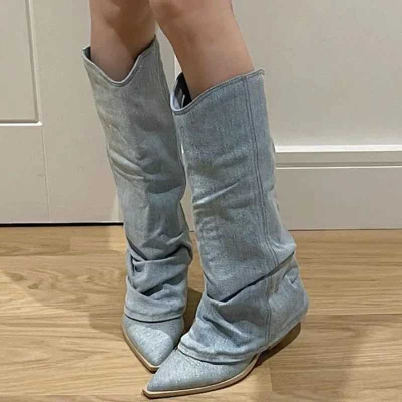 Women Pleats Blue Denim Thigh High Boots Autumn New Thick Heeled Pointed Toe Cowboy Boots Woman Slip On Western Long Boots Z250704