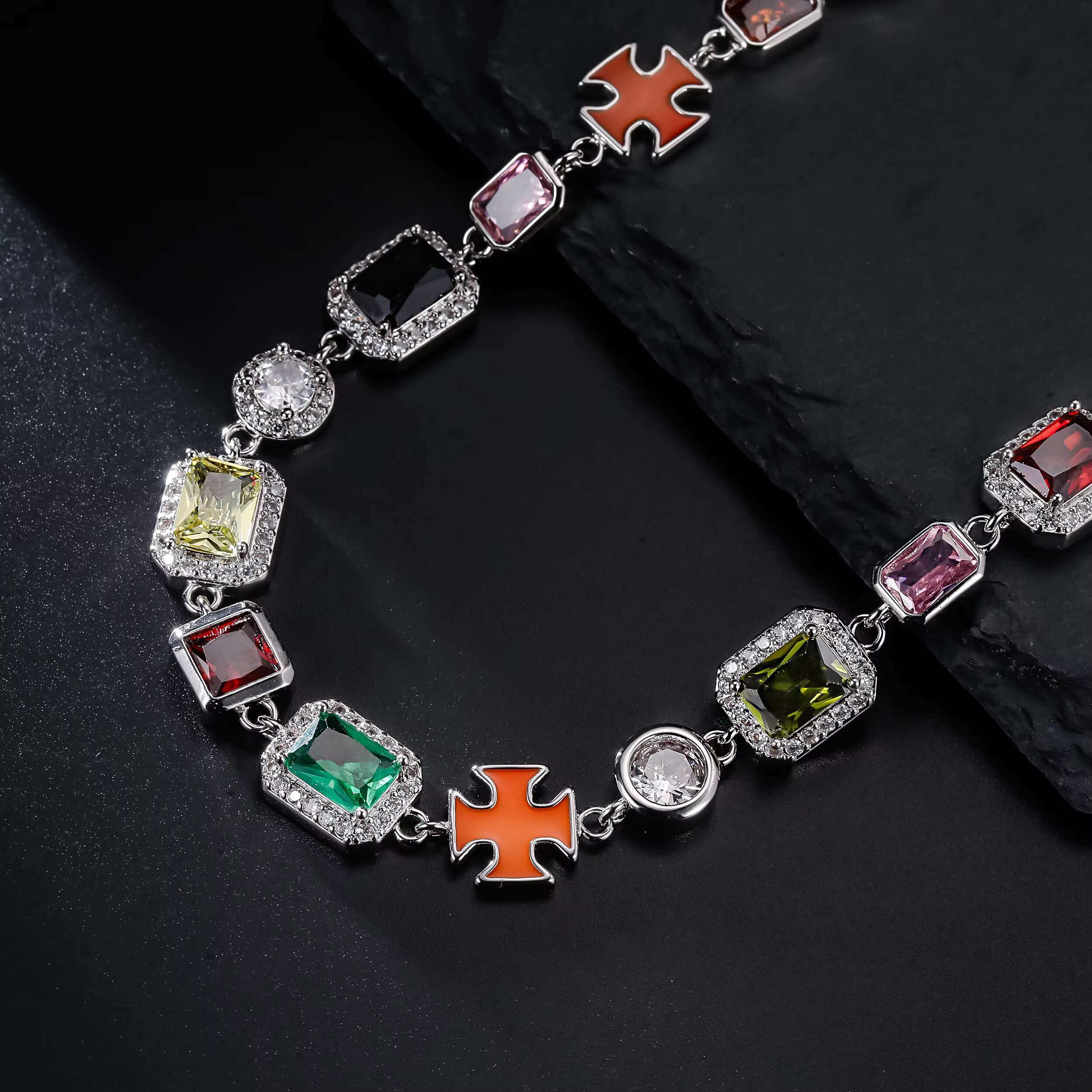 Gorgeous Mixed Gemstone Cross Tennis Chain 5A CZ Enamel Gem 18K Gold Plated Vintage Multi Colored Jewelry Necklace for Women Men
