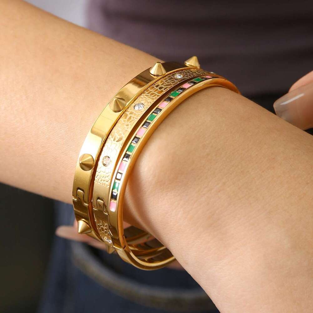 DHCollections 18K Gold Plated Geometric CZ Bracelet - Minimalist Stainless Steel Bangle for Women | Hypoallergenic Fashion Jewelry (58g)
