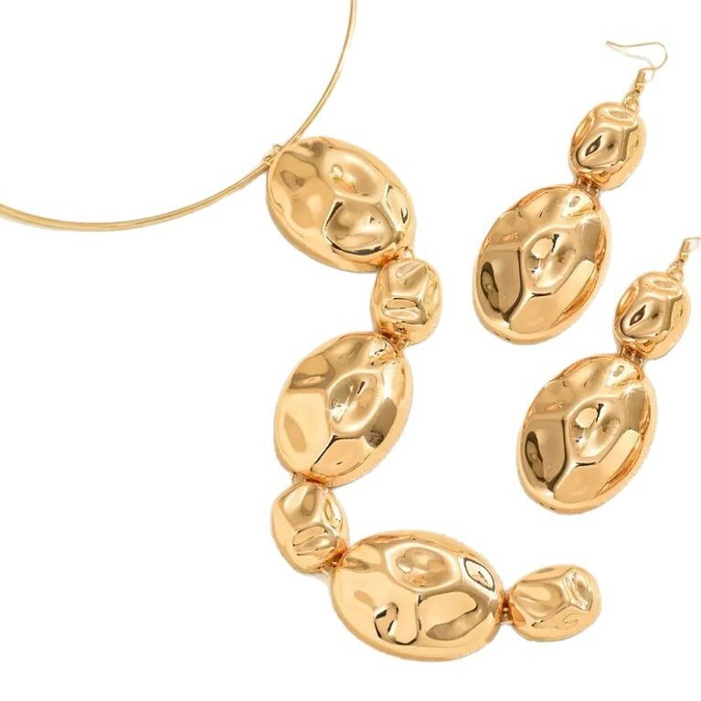 Oval Irregular Geometric Necklace and Earring Unique Metal Temperament Collarbone Choker Set Patchwork