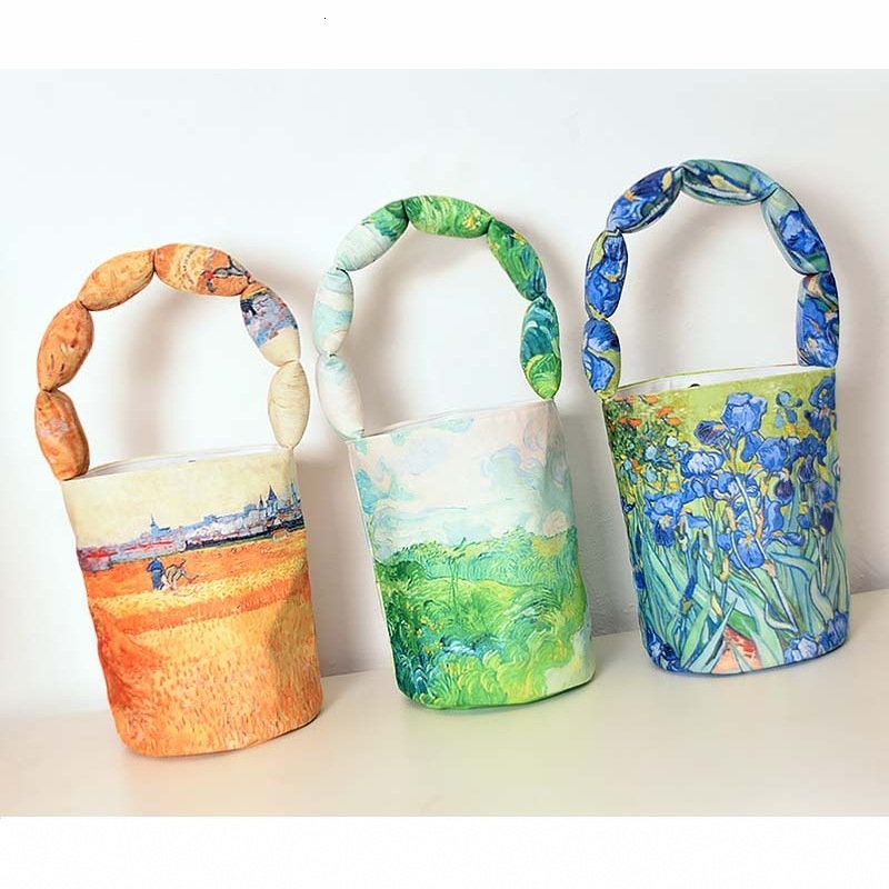 Free Shipping Designer Original New Van Gogh Wheat Field Starry Sky Sunflower Cotton Filled Bucket Bag Women's Handbag Miscellaneous Bag Outdoor 