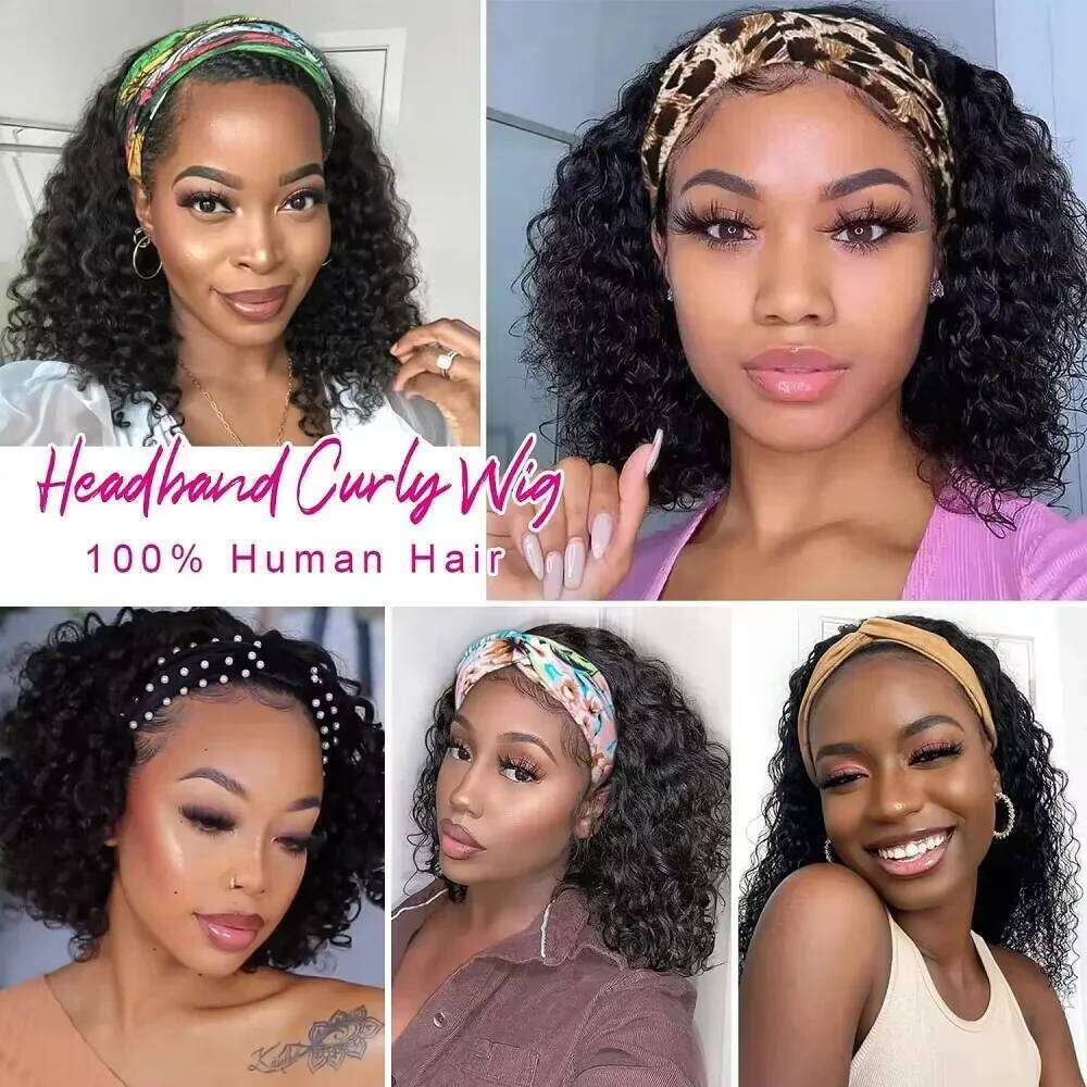 Short Headband Wigs For Women Brazilian Remy Curly Bob Human Hair Wig Lace No Glue Easy To Wear 14 Inches 150%