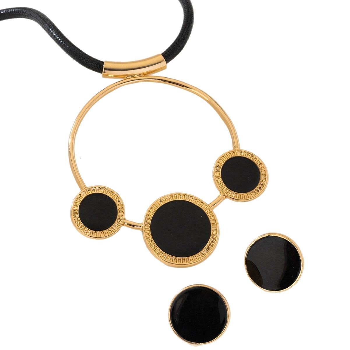 Trendy Black Roman Pattern Round Pendant Necklace and Earring Set Fashion Korean Style Accessories for Women