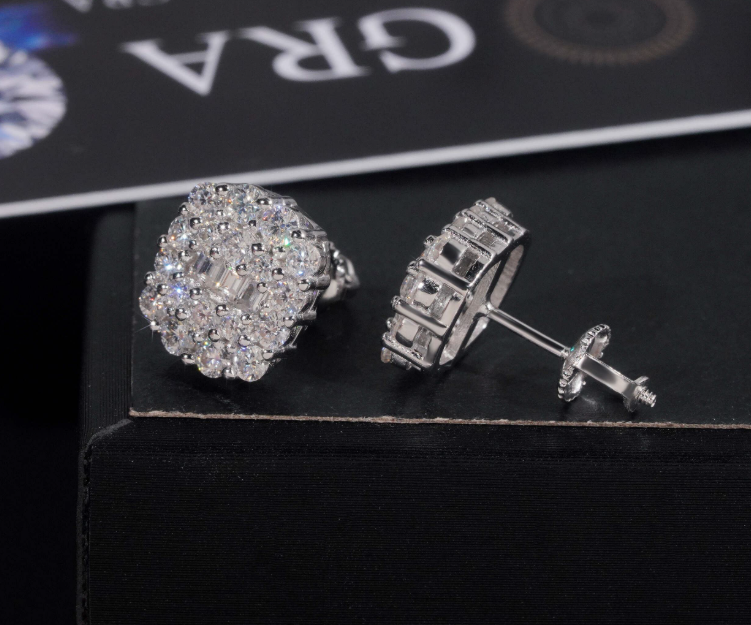 Pass Diamond Tester GRA Certified Fully Iced Out Hip Hop 925 Silver Jewelry Baguette Moissanite Stud Earrings