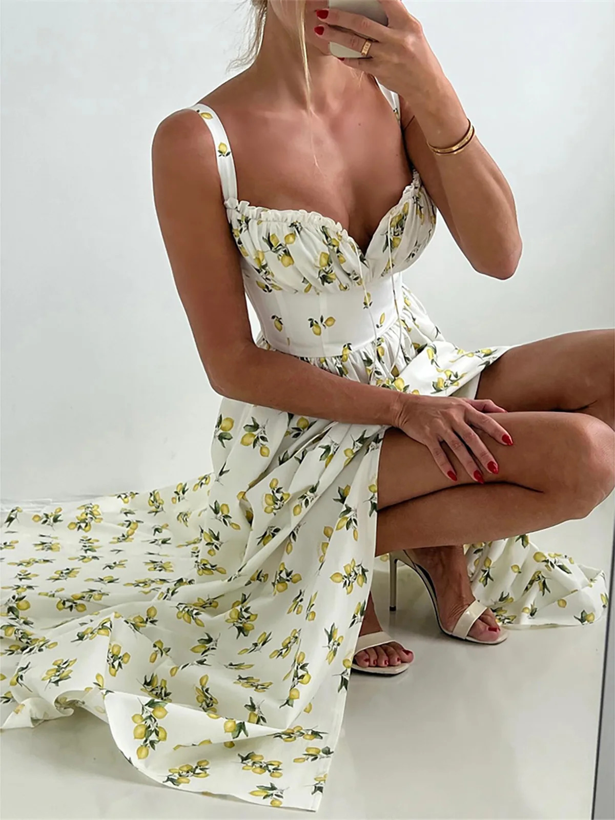 Lemon Printed V Neck Summer Dress Evening Party Bodycon Elegant Long For Women Tight Sleeveless Womens D555 250704