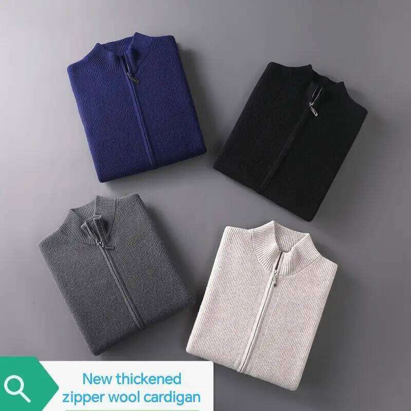 Autumn And Winter 100% Wool Zipper Cardigan Men's Half High Neck Thick Sweater Solid Color Casual Loose Cashmere Knitted Jackets 250704