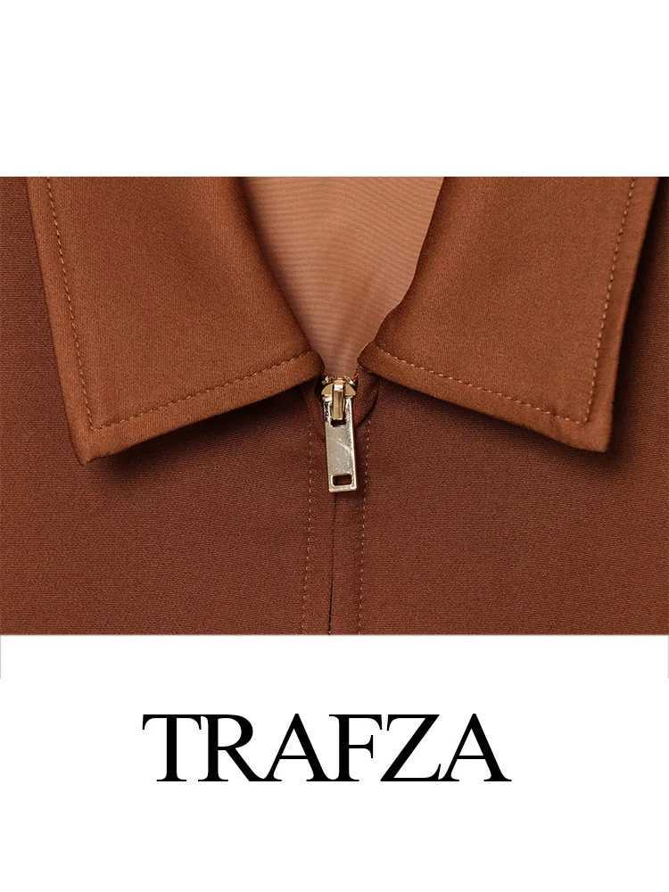 TRAFZA Women Fashion Solid Lapel Loose Zipper Loose Short Slve Top+High-Waist Zipper Side Pocket Wide-leg Casual Pants Suit X250704
