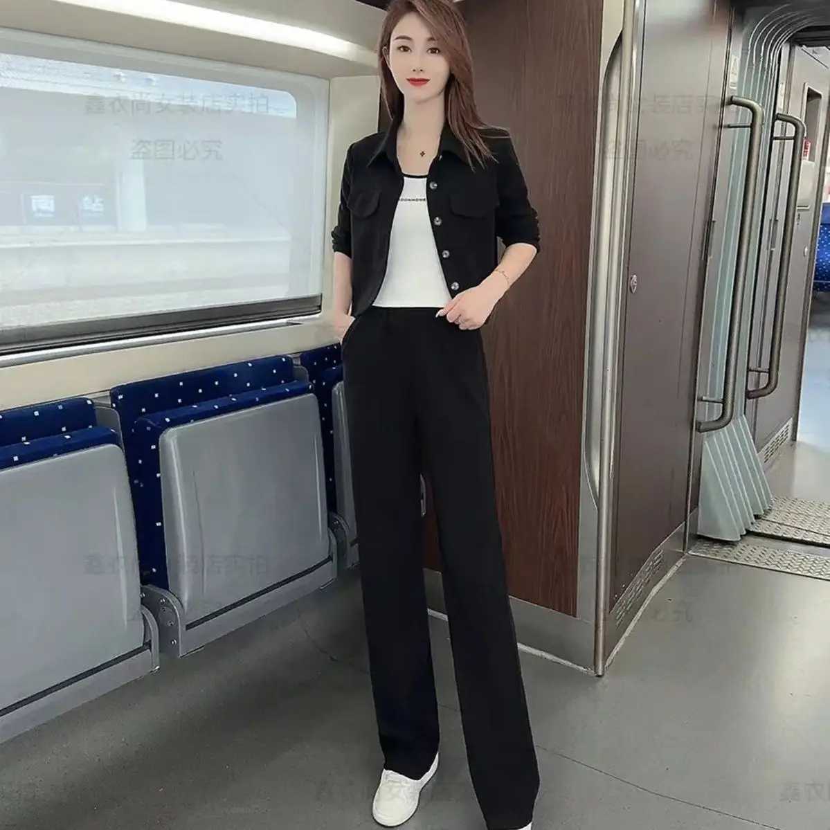 Fashion Wide Pants Casual Clothing Womens Suit Spring And Autumn 2025 New Stylish Jacket Straight Leg Trousers 2 Two Piece Set X250704