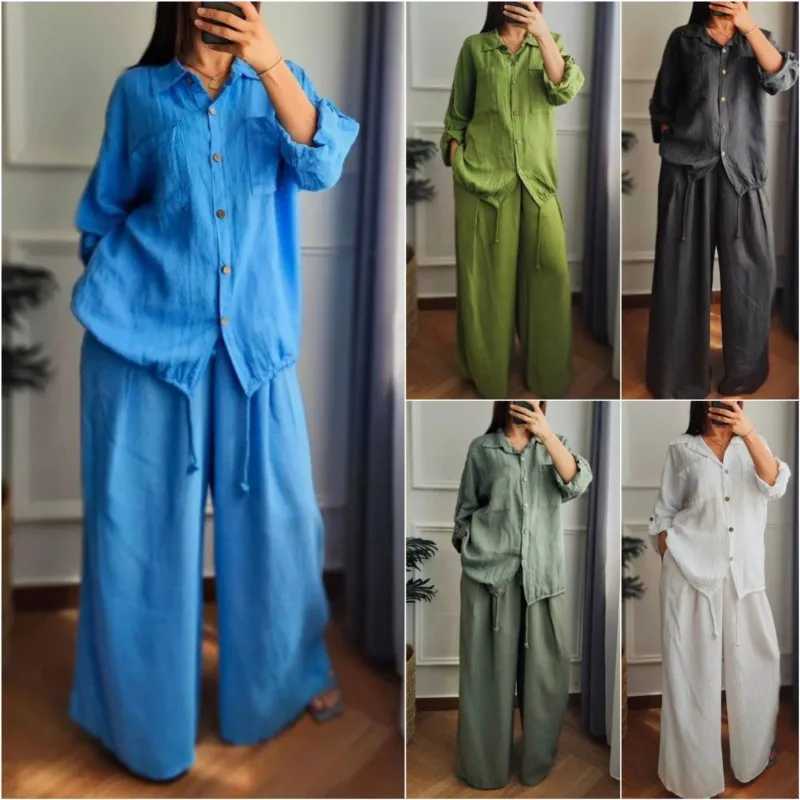 Womens Spring Casual Loose Cotton Linen Solid Shirt Wide Leg Pants 2-piece Set White Button Top Trousers Two Pieces Suits Women X250704