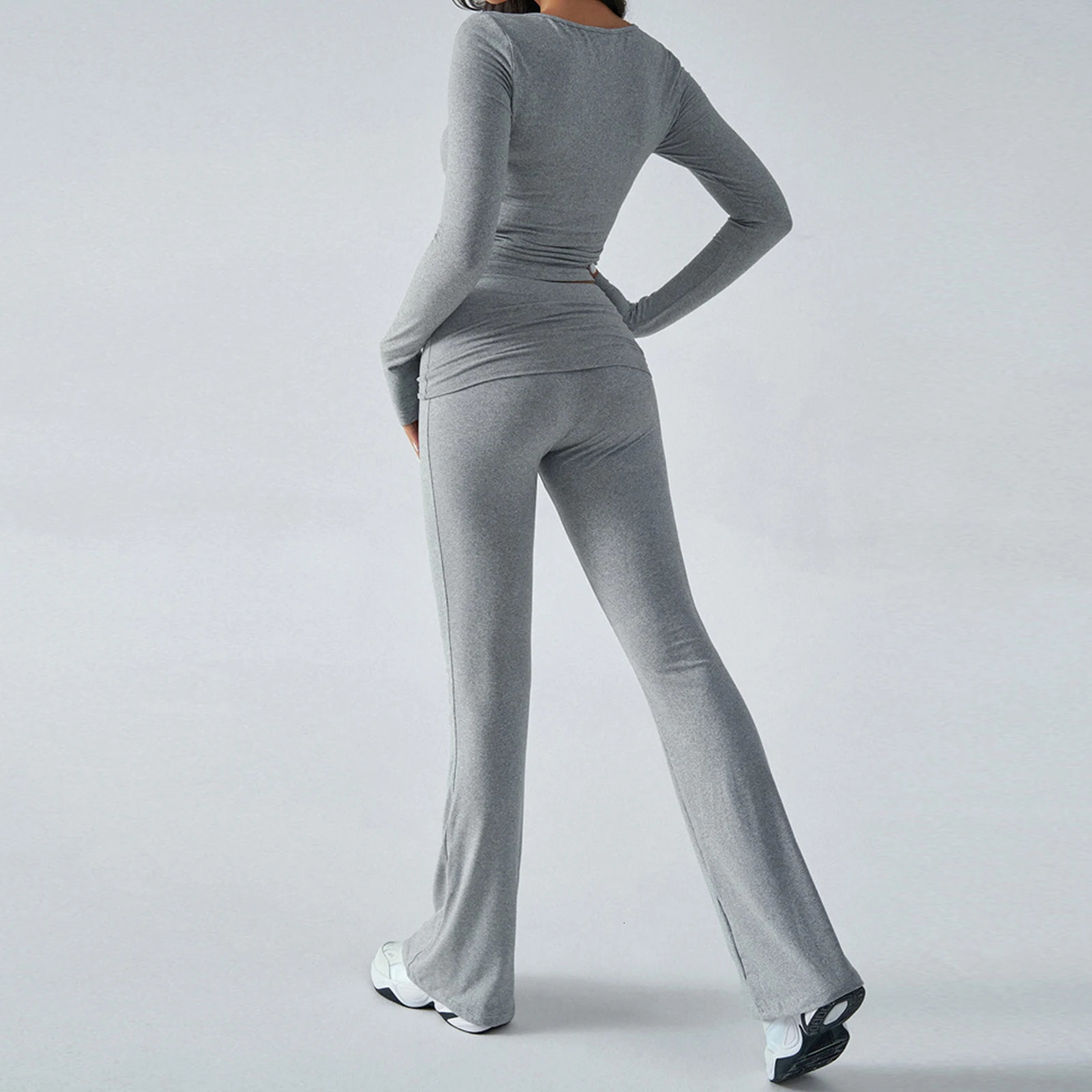 2pcs Women Exercise Gym Sets Activewear Knit VNeck Tracksuit Crop Long Sleeves Tops Elastic Flared Pants Fitness Workout Sets 250704