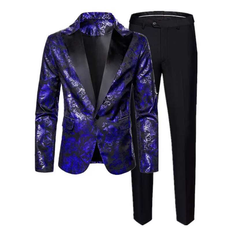 Fashion Mens Luxury Hot Stamping Suit 2 Piece Fashion Male Wedding Prom Party Bar KTV Stage Performance Flower Blazer and Pants X250704