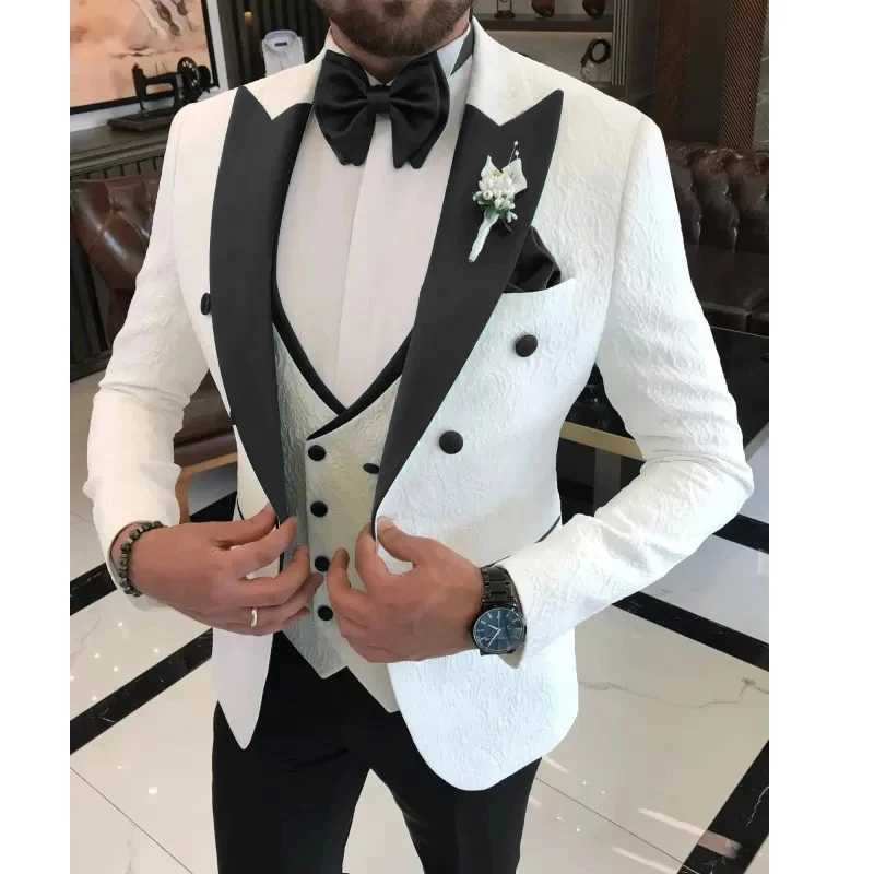 2024 Men Wedding Suits Formal White Jacquard Men Suit Set Slim Fit Groom Tuxedos Groomsman Blazer Suits For Men 3 Piece X250704