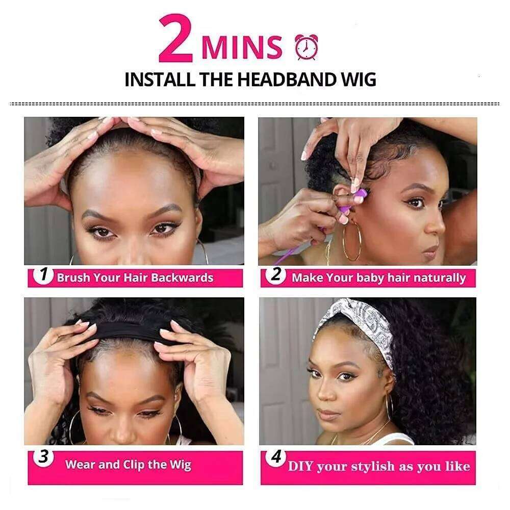 Short Headband Wigs For Women Brazilian Remy Curly Bob Human Hair Wig Lace No Glue Easy To Wear 14 Inches 150%