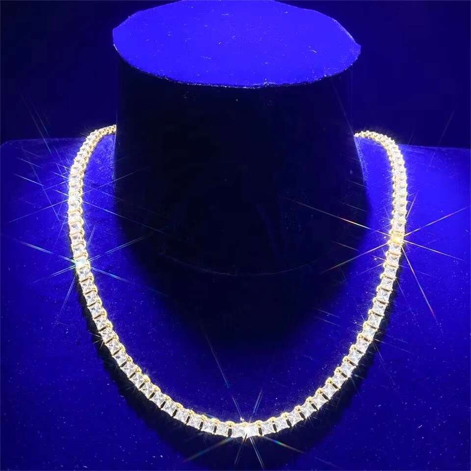 4MM Square Real Sterling Silver Moissanite Cz Diamond 4 Prong Setting Princess Cut Tennis Chain Necklace