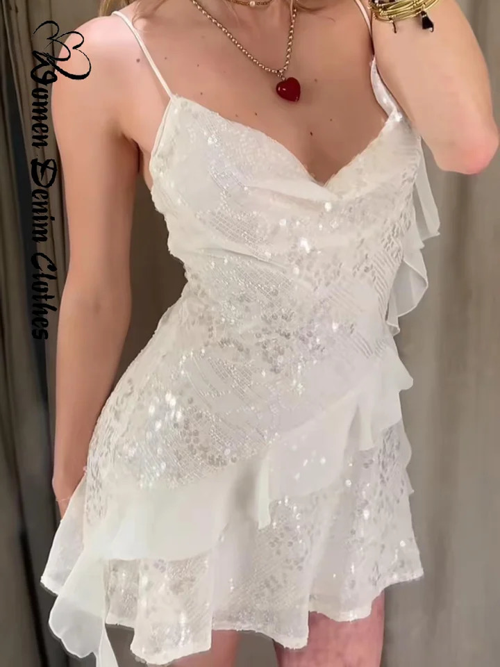 Sexy Sequined Ruffles Short Dress Women Fashion Sleeveless Backless Party Club Banquet Dresses Female Summer Lady Y2K Dresses 250704