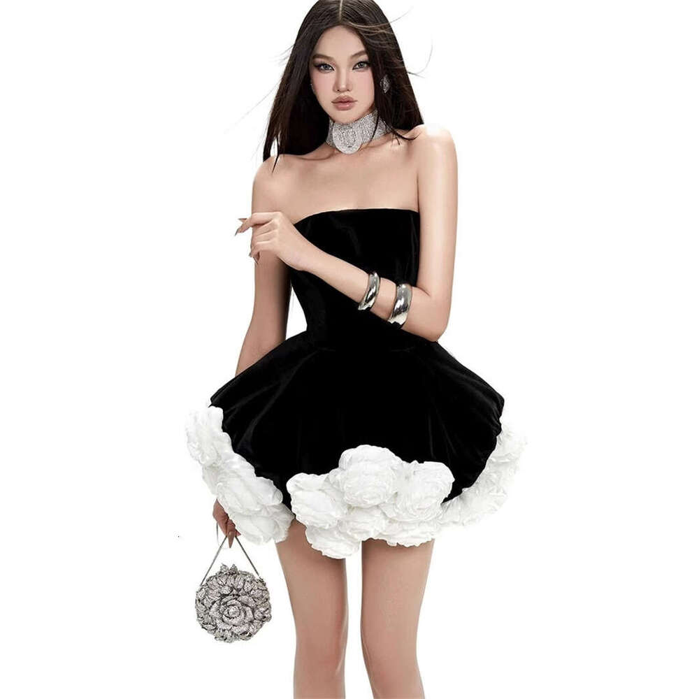White Skirt Maxi Skirt Vietnamese Niche Design Socialite Sexy Velvet Tube Top Three Dimensional White Rose Petite Puffy Short Dress Gown Long Skirt