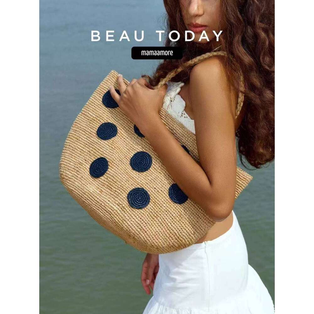 Straw Beach Bag Beach Bags New Summer Raffia Woven Polka Dot Handmade Daily Sweet Versatile Travel Tote Shoulder Bag Beach Tote Bag